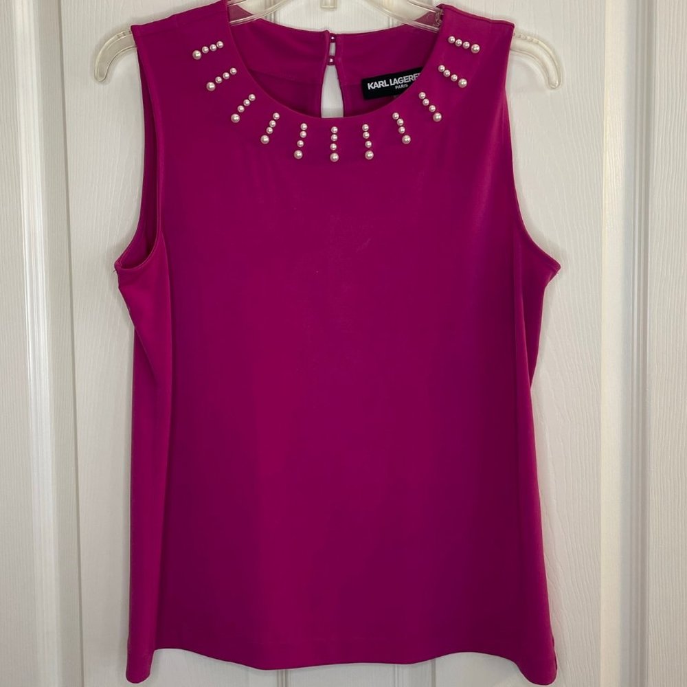 Karl Lagerfeld Sleeveless Top with Pearl Beaded Neckline Size M